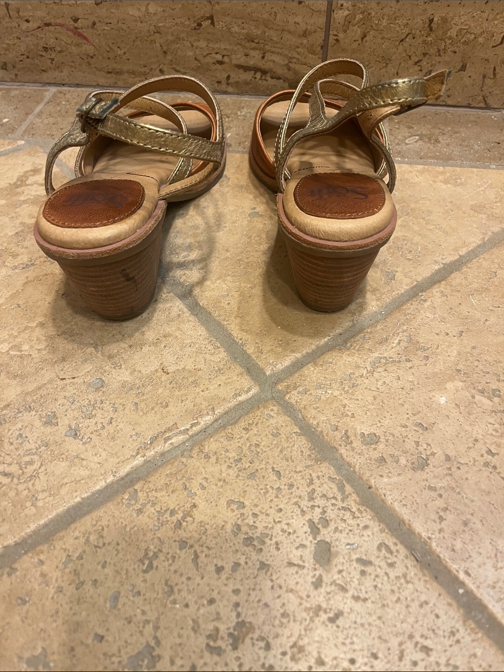 Women's Brown Tan Leather Block Heel Sandals with Gold Straps - Picture 5 of 5